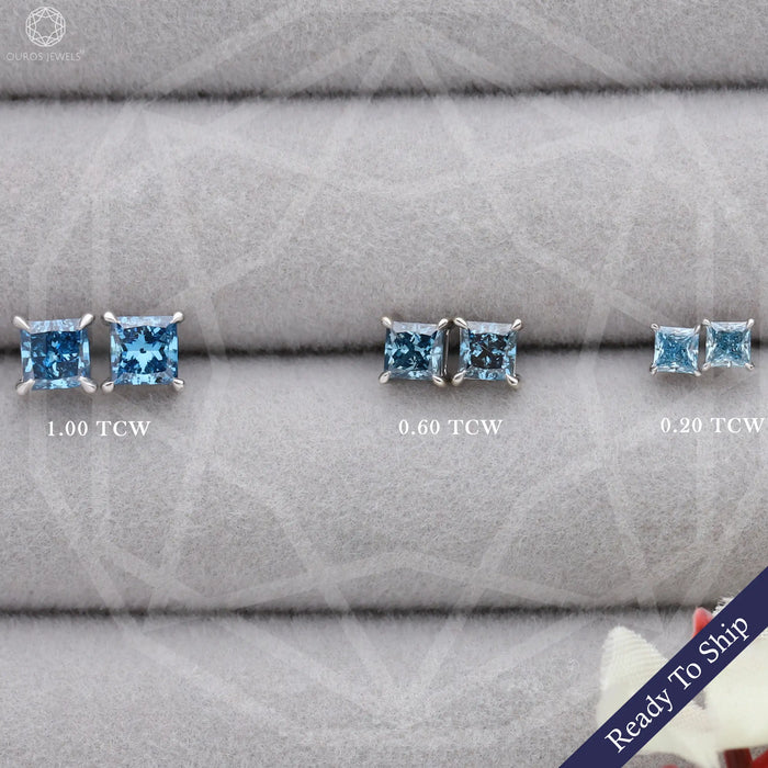 Blaue Ohrstecker mit Schraubverschluss im Princess-Stil und Diamanten