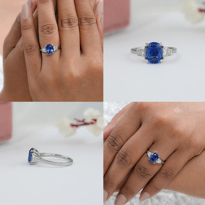 Cushion Sapphire Gemstone With Trapezoid Diamond  Ring