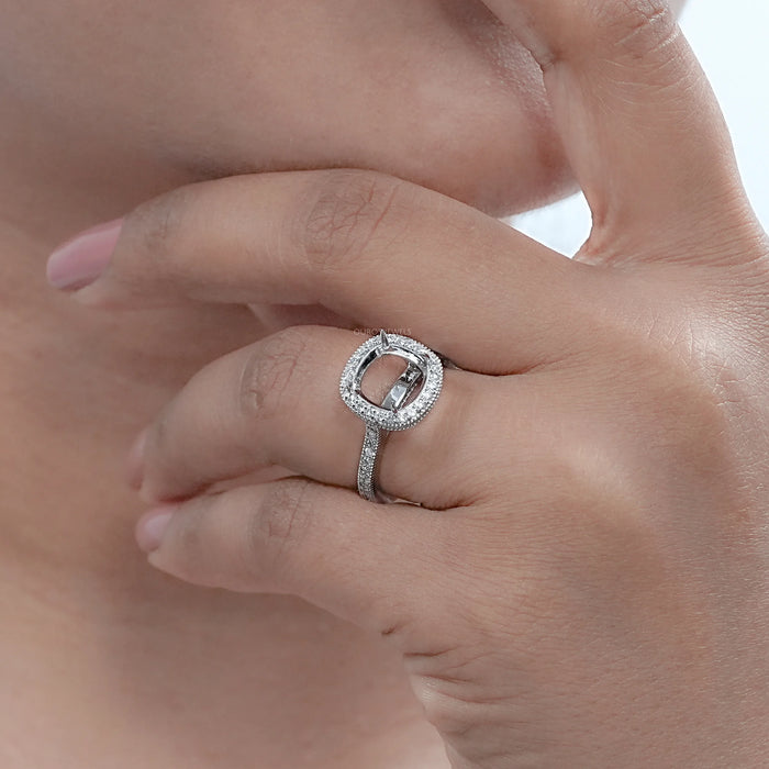 Cushion Shape Halo With Accent Semi mount Ring