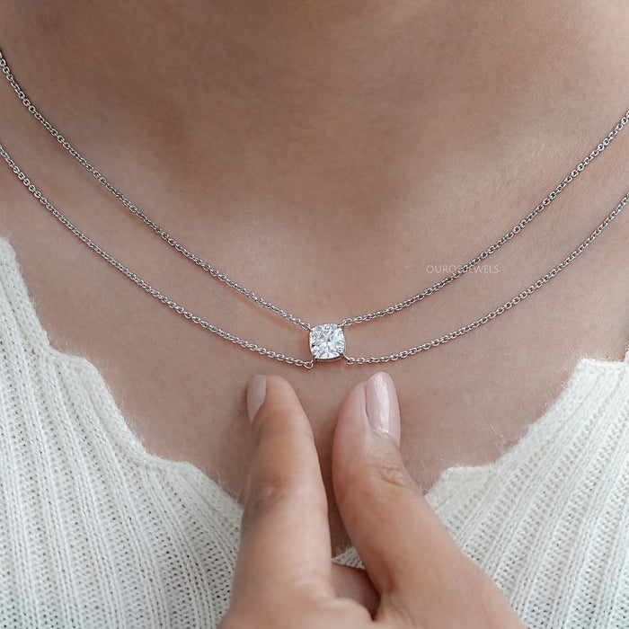 Cushion Cut Lab Diamond Dual Layer Chain Necklace for Women