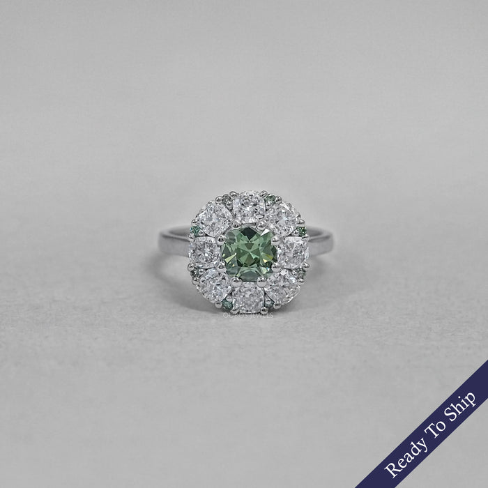 Green Cushion Diamond Halo Engagement Ring
