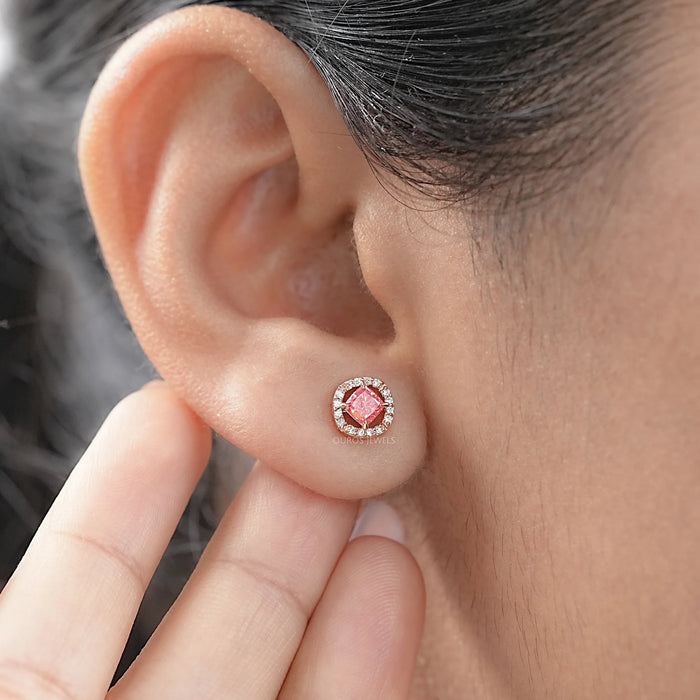 Pink Cushion Cut Halo Stud Earrings