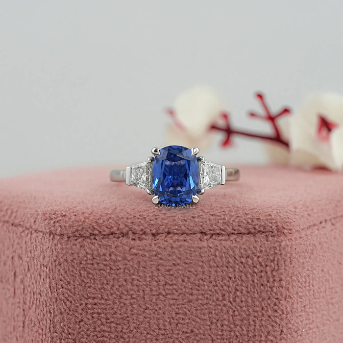 Cushion Sapphire Gemstone With Trapezoid Diamond  Ring