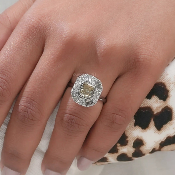 Yellow Cushion Cut Lab Diamond Bezel Set Cluster Ring
