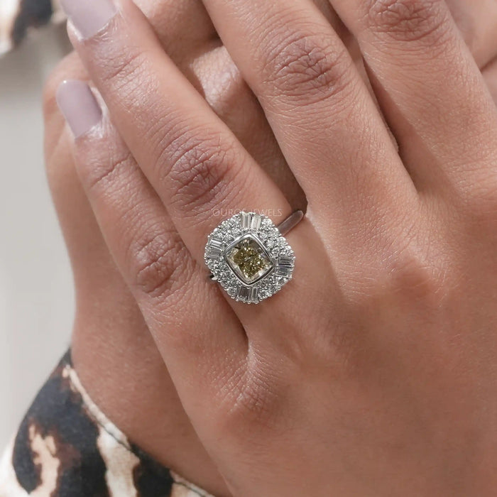 Yellow Cushion Cut Lab Diamond Bezel Set Cluster Ring