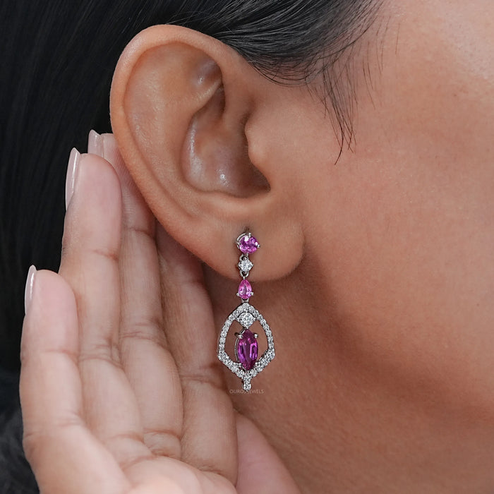 Pink Sapphire Marquise Cut Cluster Diamond Dangle Earrings