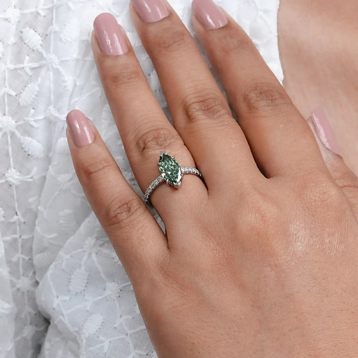 Green Marquise Lab Diamond Solitaire Accent  Ring