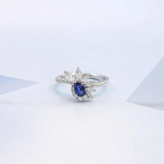 Pear Cut Blue Sapphire Cluster Bypass Engagement Ring