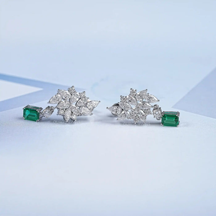 Diamond Cluster Drop Emerald Earrings