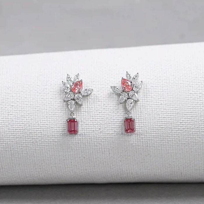 Cluster Drop Earrings With Pink & White Diamonds