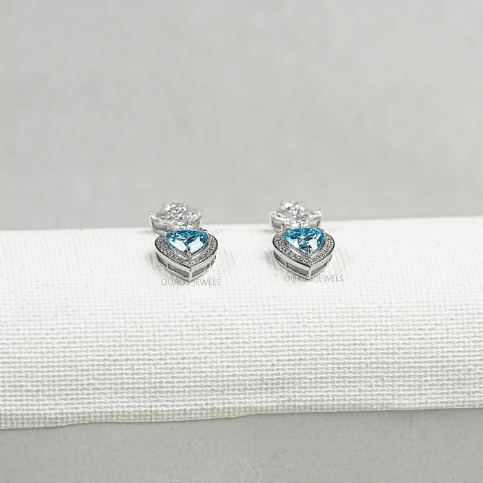 Blue Heart Halo Diamond Dangle Earrings