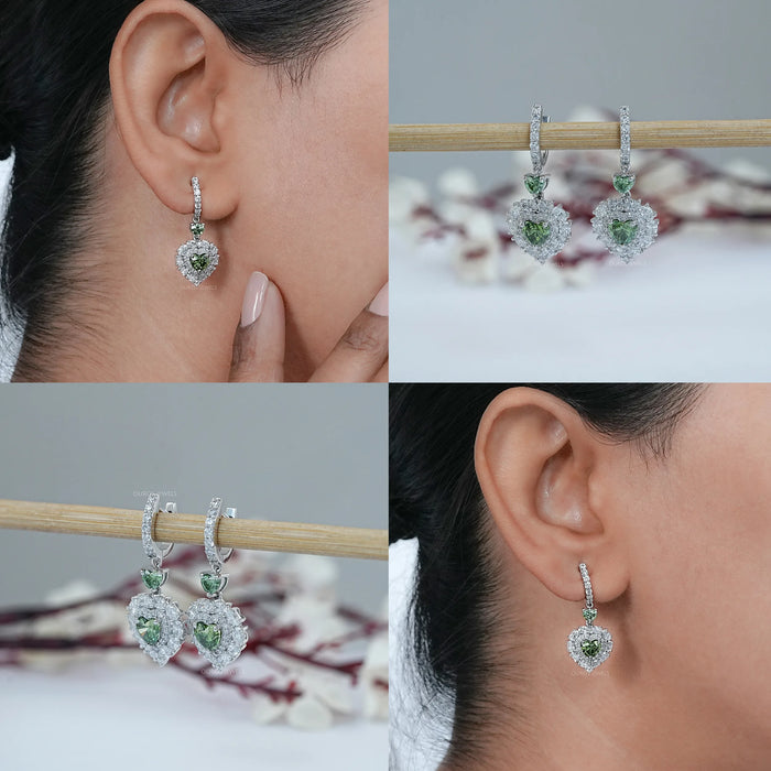 Green Heart Diamond Halo Set Dangle Earring