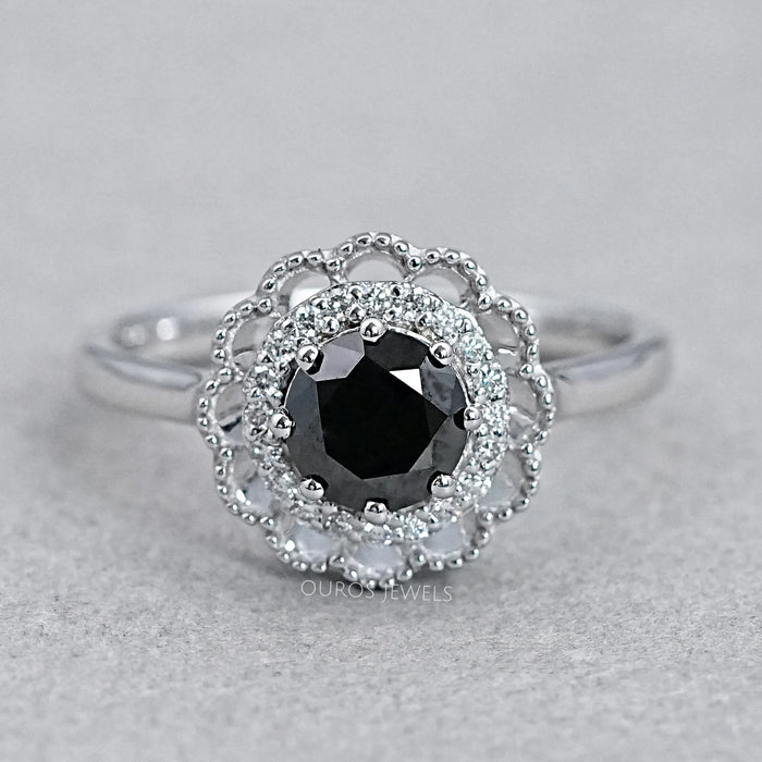 Double Halo Round Shape Black Diamond  Engagement  Ring