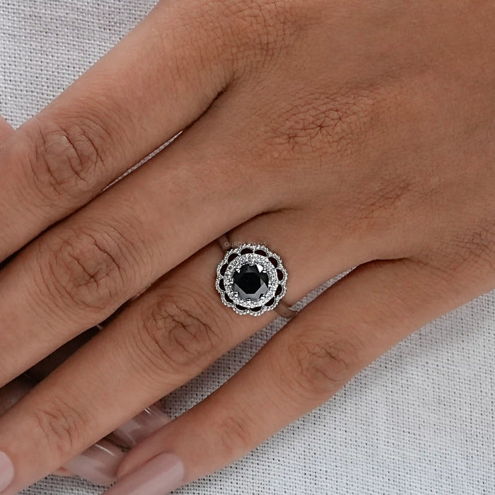 Double Halo Round Shape Black Diamond  Engagement  Ring