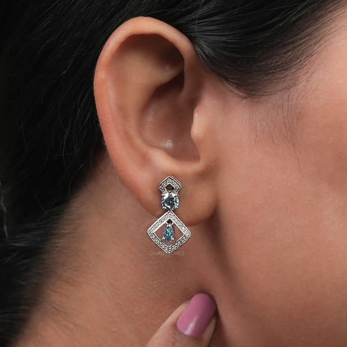 Blue Round With Pear Diamond Drop Earrings