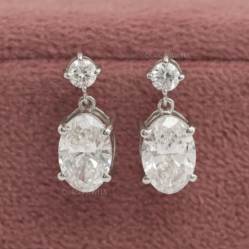 front view of round and oval cut lab grown diamond drop dangle earrings