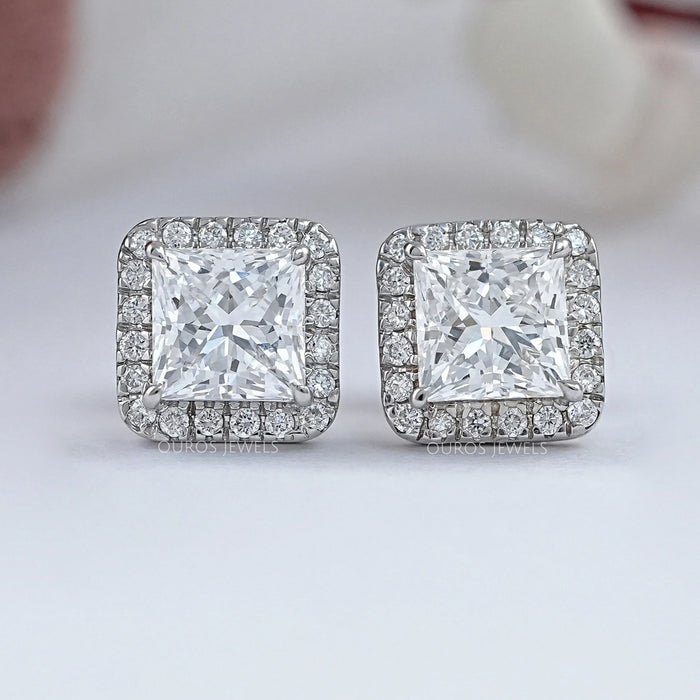 Lab Princess Diamond Halo Stud Earrings