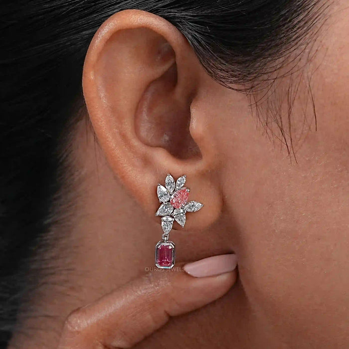 Cluster Drop Earrings With Pink & White Diamonds