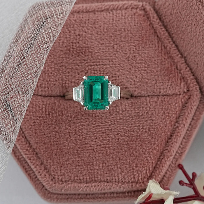 Green Emerald Cut With Trapezoid Diamond Ring