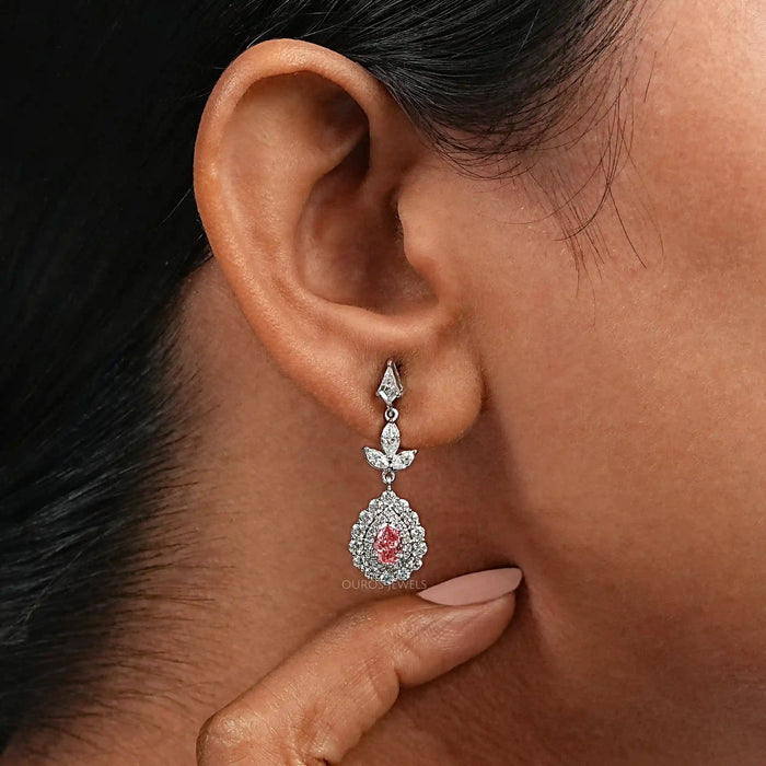 Pink Pear Shape Double Halo Drop Earrings