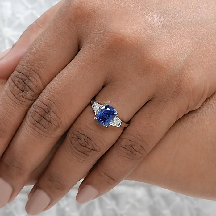 Cushion Sapphire Gemstone With Trapezoid Diamond  Ring