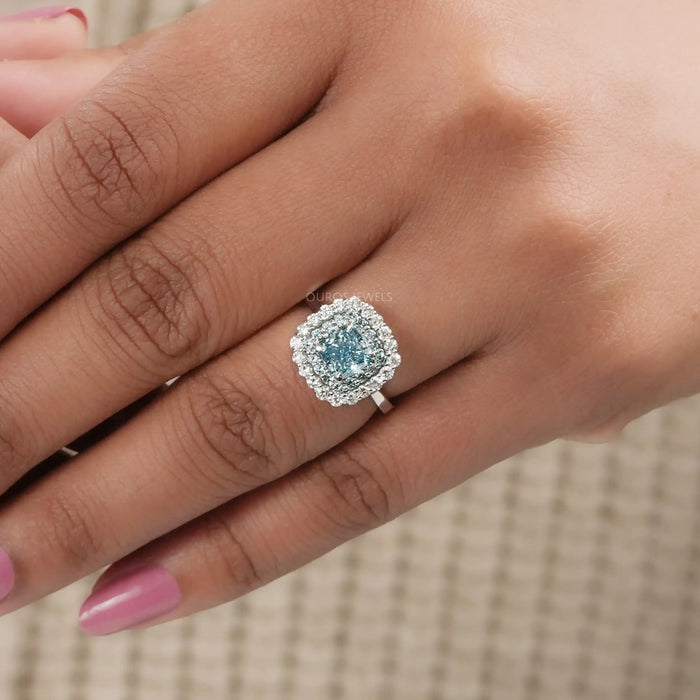 Fancy Blue Cushion Cut Double Halo Lab Diamond Ring