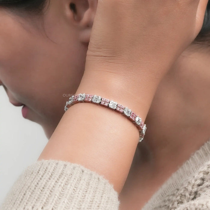 Tennisarmband mit rundem rosa Labordiamanten im Asscher-Schliff