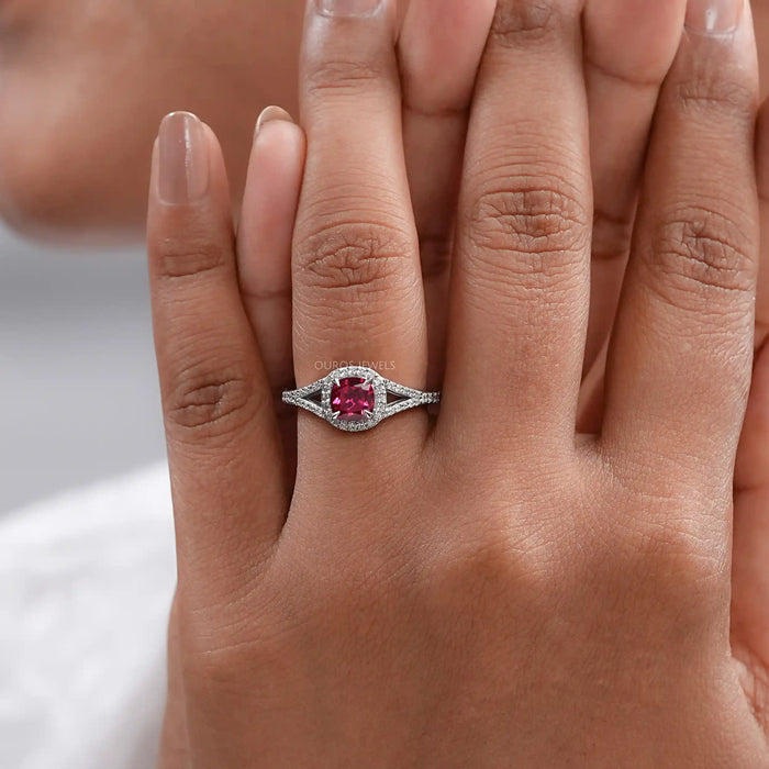 Cushion Cut Red Ruby Split Shank Halo Engagement Ring