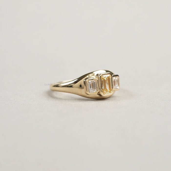 Bezel Set Yellow Emerald Cut 3 Stone Diamond Ring