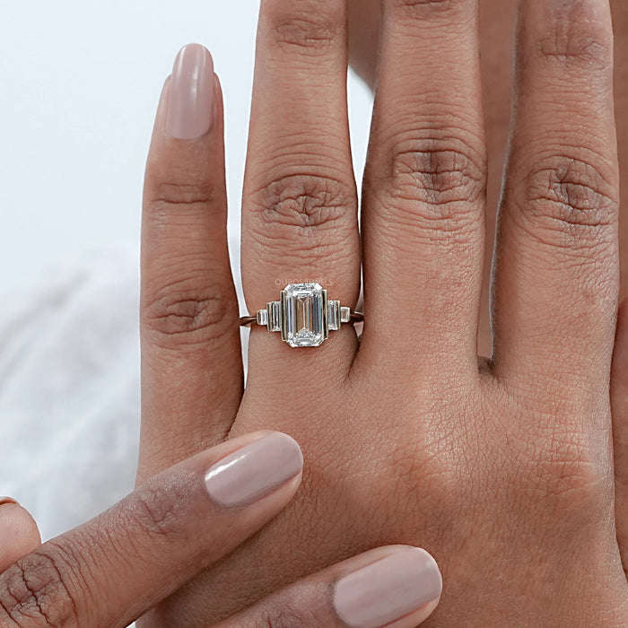 Emerald Half Bezel Set Baguette Diamond Engagement Ring