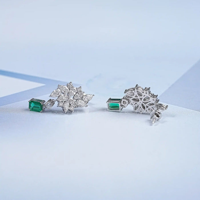 Diamond Cluster Drop Emerald Earrings