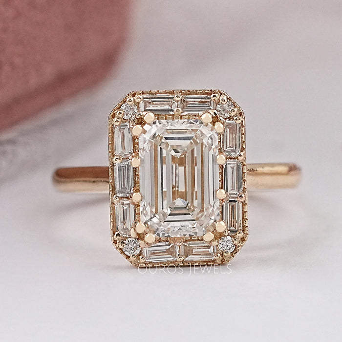 Emerald Diamond Engagement Ring - Baguette Halo Settings
