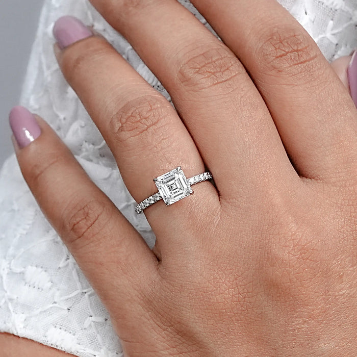 Asscher Cut Solitaire Accent Diamond Engagement Ring