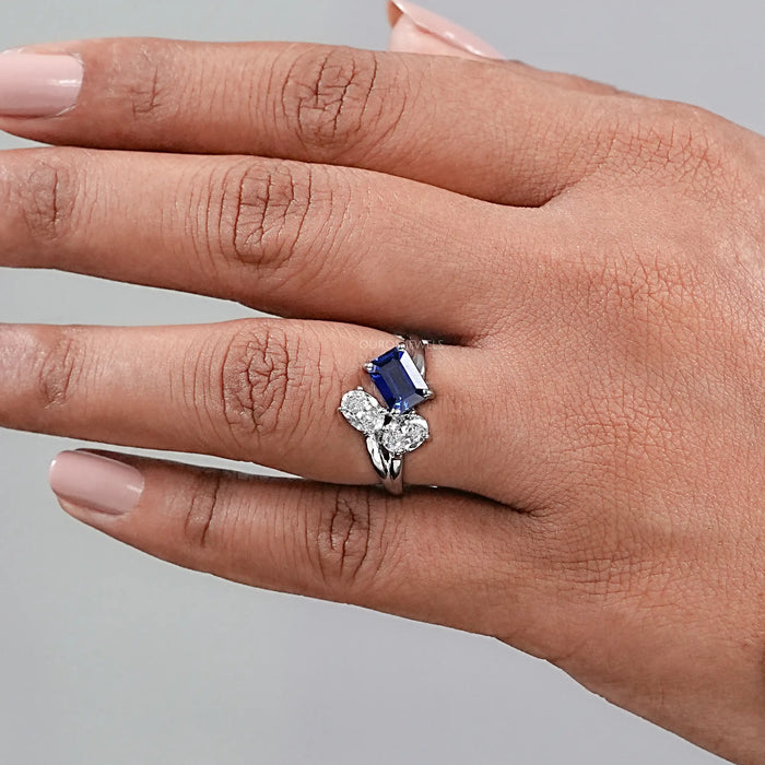 Sapphire Emerald And Oval Cut Split Shank Diamond Ring