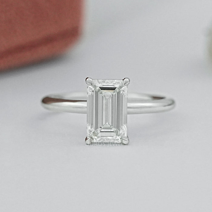 top view of emerald cut lab diamond solitaire engagement ring