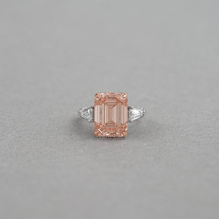 Pink Emerald Lab Diamond Three Stone Hidden Halo Ring