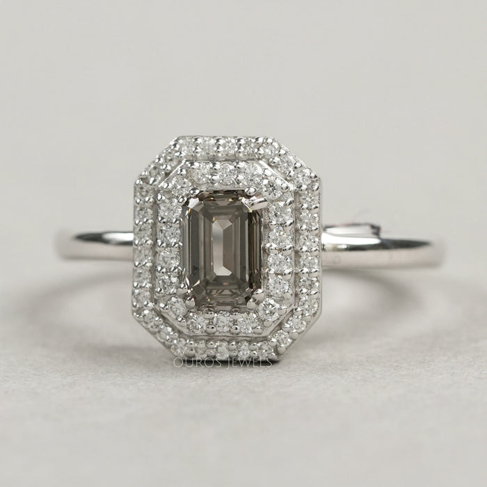 front view of olive emerald cut lab diamond double halo engagement ring