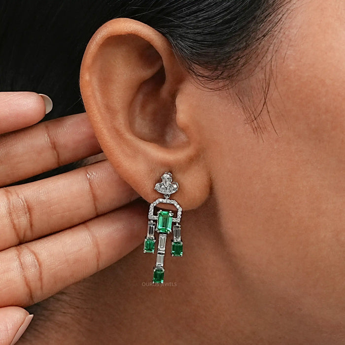 Green Emerald And Diamond Linear Drop Earrings