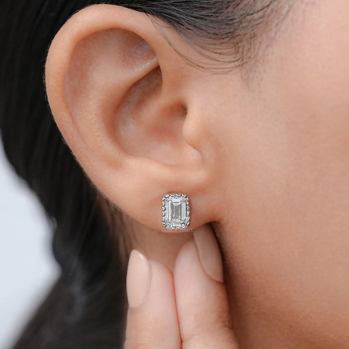 Emerald Cut Lab Diamond Milgrain Set Stud Earrings