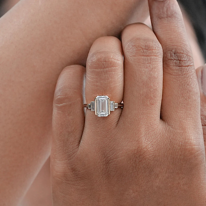 Emerald Half Bezel Set Baguette Diamond Engagement Ring
