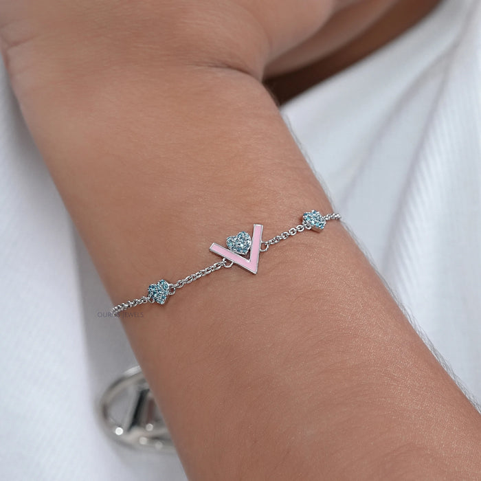 Heart Shaped Blue Round Diamond Bracelet For Baby Girl