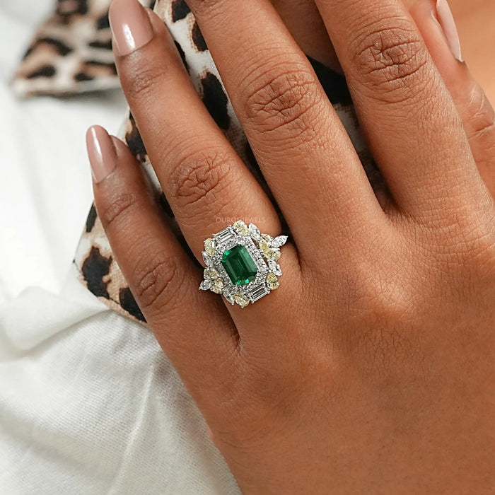 Double Halo Green Emerald Diamond Engagement Ring