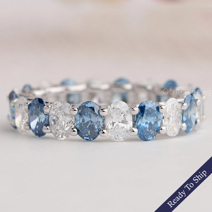 Blue Oval Cut Lab Diamond Eternity  Wedding  Band