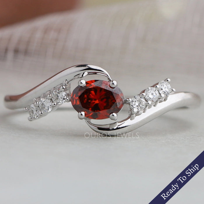 Red Oval Diamond Bypass Dainty Ring