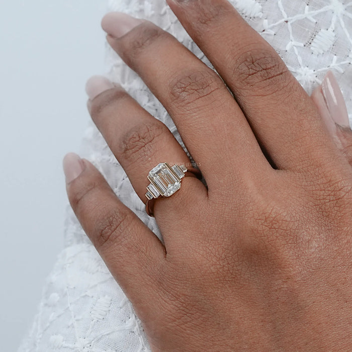 Emerald Half Bezel Set Baguette Diamond Engagement Ring