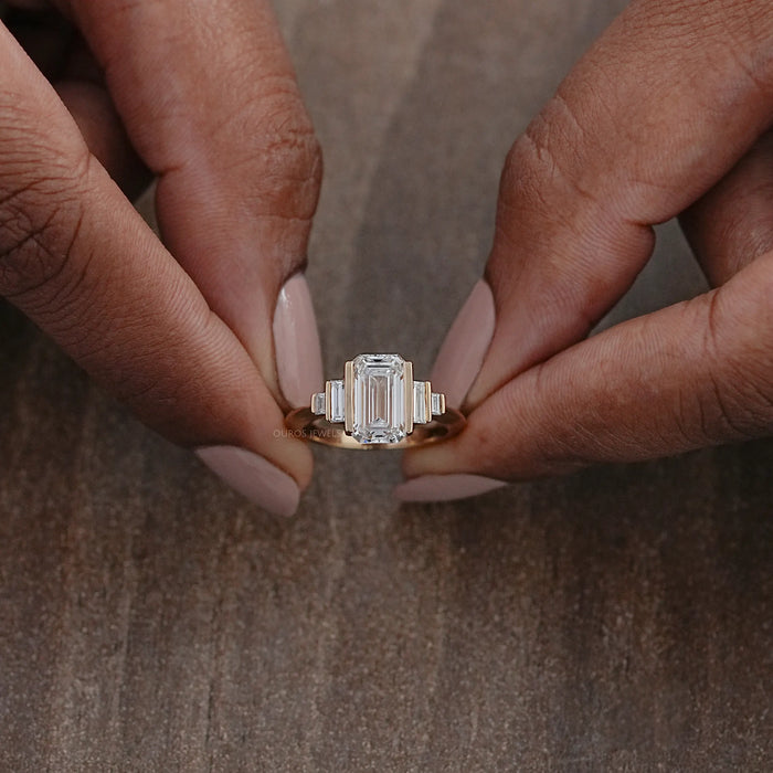 Emerald Half Bezel Set Baguette Diamond Engagement Ring