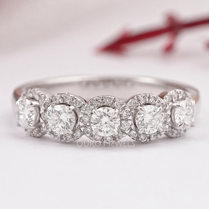 Five Stone Halo Round Diamond Wedding Band