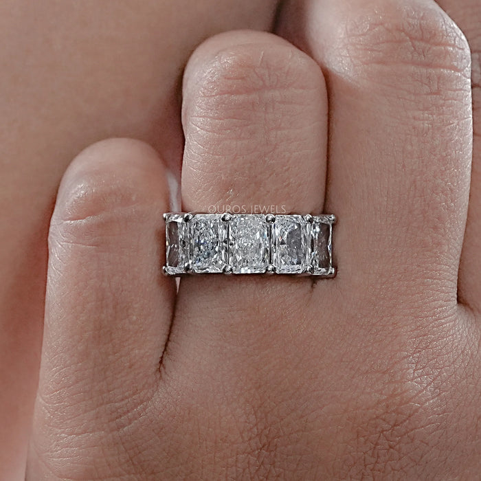 front view of radiant cut lab diamond five stone wedding ring with white gold band