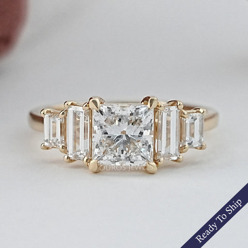 front view of princess and baguette cut lab diamond five stone engagement ring