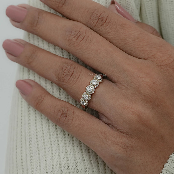 Five Stone Halo Round Diamond Wedding Band